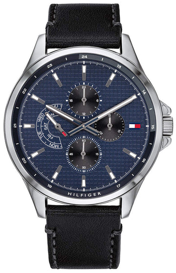 Tommy Hilfiger Shawn Multi Function Quartz Blue Dial Black Leather Strap Watch for Men - 1791616