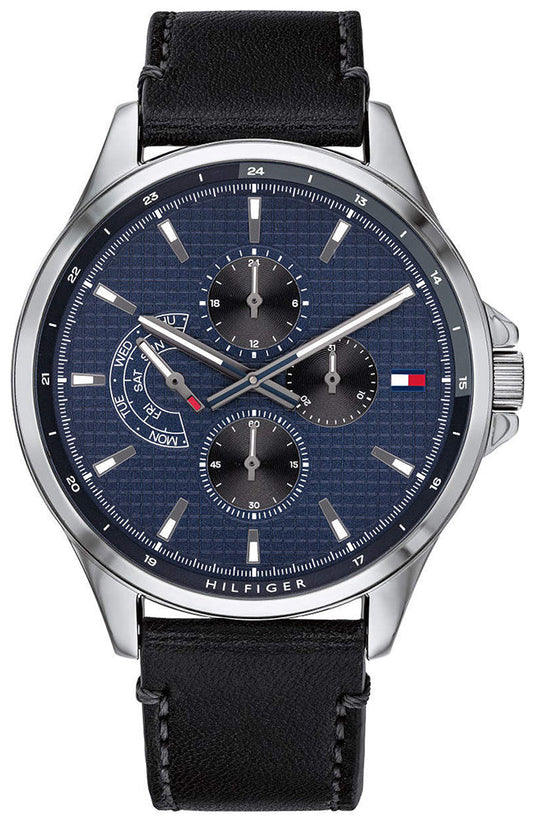 Tommy Hilfiger Shawn Multi Function Quartz Blue Dial Black Leather Strap Watch for Men - 1791616