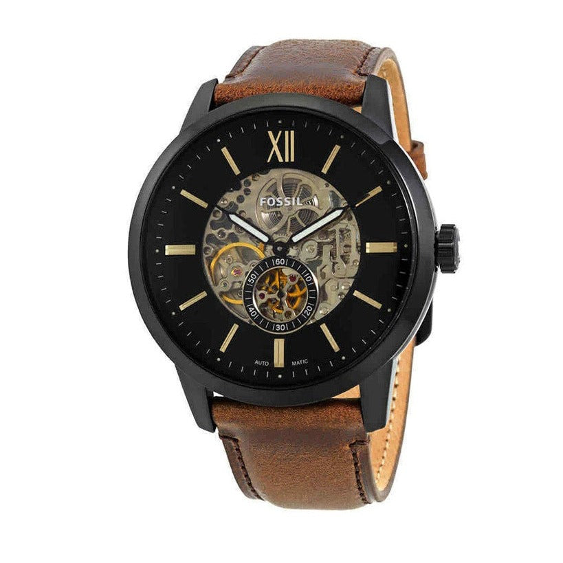 Fossil Townsman Automatic Black Dial Brown Leather Strap Watch for Men - ME3155