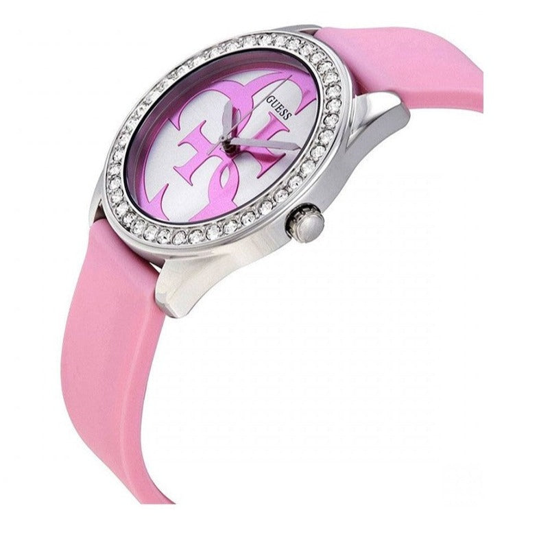 Guess G-Twist Diamonds Silver Dial Pink Rubber Strap Watch for Women - W1240L1